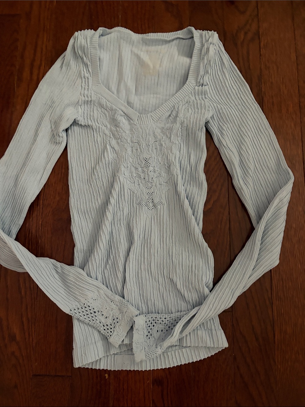 Free People Pale Blue Ribbed V-Neck Long Sleeve Top